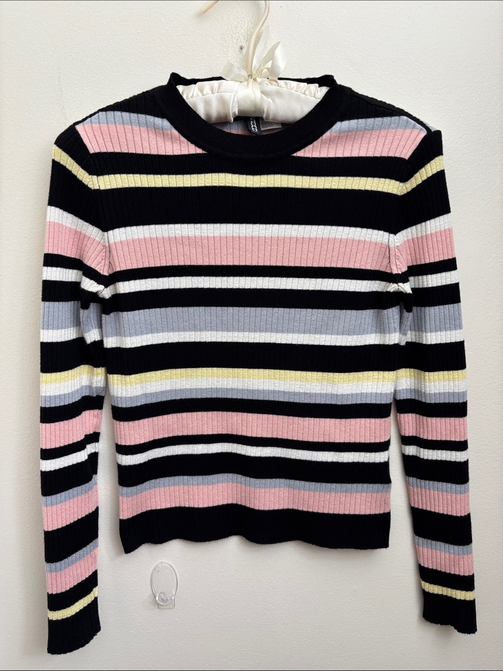 H&M Striped Ribbed Crewneck Sweater in Black, Pink, Gray & Cream